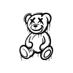 Smiling graffiti teddy bear with X eyes in black and white grunge style, isolated