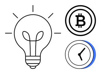Light bulb radiates creativity and innovation. Bitcoin logo represents digital currency. Clock signifies time efficiency. Ideal for technology, finance, creativity, innovation, planning, investment