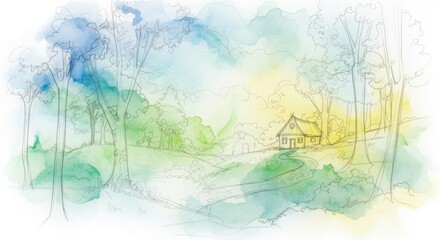 Watercolor illustration of a house in the woods with trees and a path leading to the home