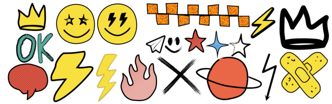 Hand-drawn doodle vector set with cool icons like skulls, smiley faces, lightning bolts, game controller, peace sign, and more. Perfect for t-shirts, stickers, and streetwear graphics. - Powered by Adobe