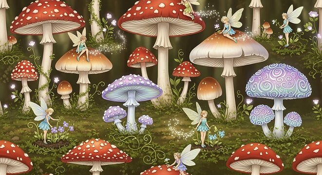 Enchanted Mushroom Forest with Fairies - A Whimsical Fantasy Scene.
