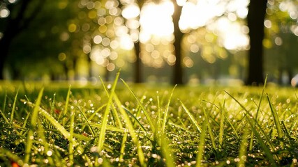 Lush green grass with dew kissed blades stretching towards the serene atmosphere of a tranquil park, perfect for conceptualizing themes of growth, harmony, or relaxation, suitable for commercial.