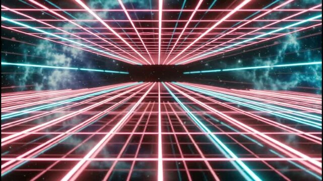 Flying through a retro-futuristic neon grid tunnel in space, seamless loop
