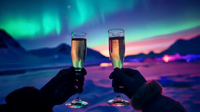 A vivid, colorful depiction of two hands clinking champagne glasses against a backdrop of a snowy landscape during twilight. The scene is bathed in a gradient of purples, blues, and pinks.