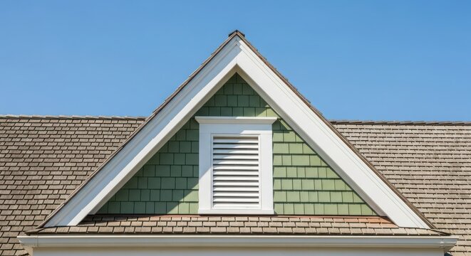 Closeup of a dormer window on a house with green siding and a shingled roof under a clear blue sky