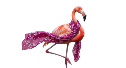 Elegant pink flamingo in a scarf isolated PNG with Transparent Background