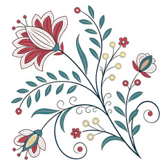 Stylized floral branch with red and teal flowers and yellow berries on a white background