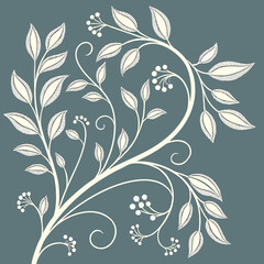Elegant cream colored botanical illustration of leaves and berries on a dark teal background with swirling vines