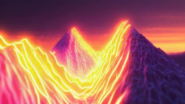 Retro neon synthwave digital mountain landscape during sunset