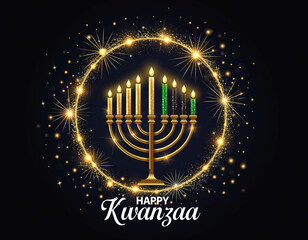 Golden Menorah with Kwanzaa Candles and Sparkling Wreath – Happy Kwanzaa Greeting