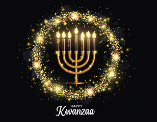 Golden Menorah with Sparkling Wreath and Happy Kwanzaa Greeting on Black Background