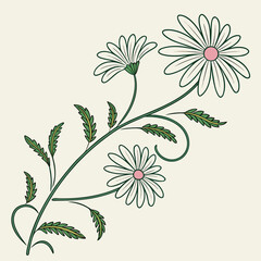 Delicate white daisy flowers with green stems and leaves on a cream background vector illustration