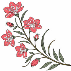 Delicate pink bell shaped flowers and buds bloom on a slender branch with green serrated leaves