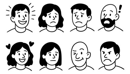 Doodle people set with different emotions hand drawn characters for marketing and communication templates
