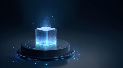 Glowing cube on a pedestal futuristic technology concept abstract digital design element for presentations and modern backgrounds
