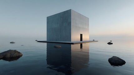 Minimalist cube structure on water a modern architectural design reflecting in the calm sea at sunrise