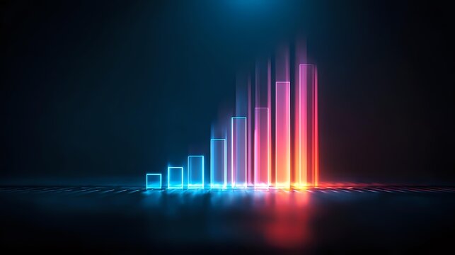 Abstract glowing bar graph ascending neon columns on a dark background suitable for business presentations and data visualization - Powered by Adobe