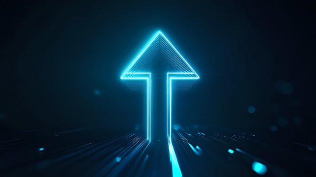 Glowing neon arrow pointing upwards a symbol of growth and success perfect for technology and business presentations