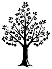 A black and white silhouette of a tree with flowers and fruits, apple, apple tree, black, flower, fruit, fruit tree, illustration, profile, tree, against transparent background