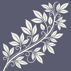 Elegant white ornamental branch with detailed leaves and swirling vines on a dark purple background
