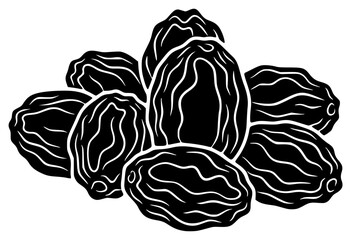 A black and white illustration of a cluster of nuts, black, fig, food, fruit, illustration, nut, pistachio, profile, raisin, white, against transparent background