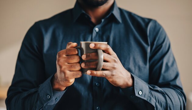 Close-up of African American man in dark shirt holding warm patterned ceramic mug. - Powered by Adobe