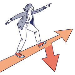 Fototapeta premium Woman confidently walking forward on an upward trending arrow pointing towards the future and success