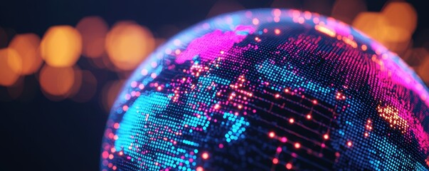 A vibrant digital globe illuminated with colorful lights, showcasing a network of interconnected points representing global connectivity.