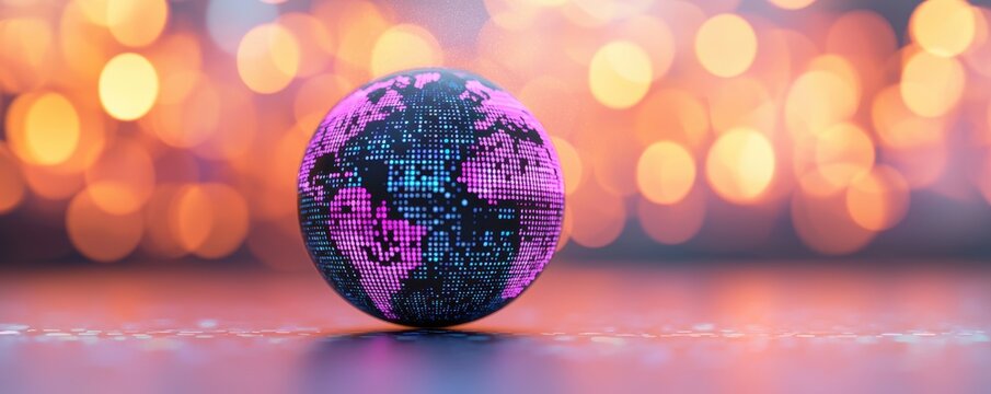 A colorful globe with a digital design sits on a surface, surrounded by a soft bokeh effect of lights, creating a vibrant atmosphere.