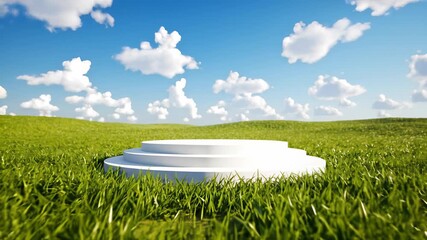 A serene white pedestal stands prominently in a lush grassy field, surrounded by natures serenity, inviting contemplation and reflection, perfect for background concepts related to ease of use.