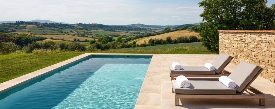 A serene poolside scene featuring lounge chairs, surrounded by lush hills and a clear sky, perfect for relaxation and leisure. - Powered by Adobe
