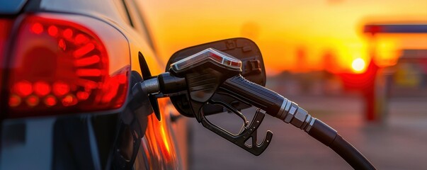 A car refueling at a gas station during sunset, capturing the silhouette of the vehicle and the fuel pump against a vibrant sky.