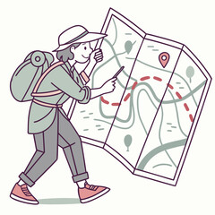 Adventurous hiker with a backpack wearing a hat studies a large unfolded map with a route marked on it