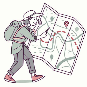 Adventurous hiker with a backpack wearing a hat studies a large unfolded map with a route marked on it