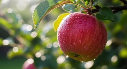 Ripe red apple with water droplets hanging from a tree branch in soft morning sunlight