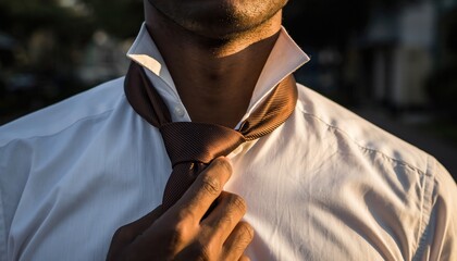 Man Adjusting Tie - Close-up of White Shirt and Hands.