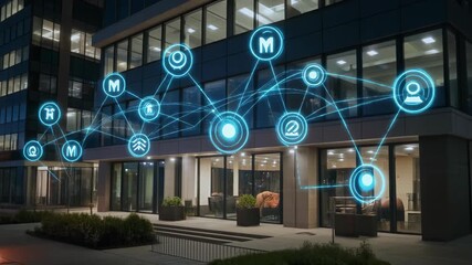 Modern building exterior at night with data visualization overlay - Powered by Adobe