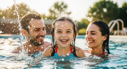 Joyful family with daughter splashing in a swimming pool during a sunny summer day, creating memories