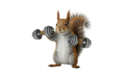 Squirrel lifting dumbbells weight training fitness exercise isolated PNG with Transparent Background