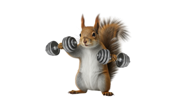 Squirrel lifting dumbbells weight training fitness exercise isolated PNG with Transparent Background