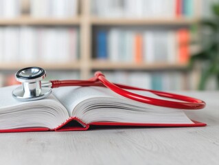 A stethoscope rests on an open book, symbolizing the connection between medical knowledge and practice, with a blurred library background.
