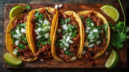 Top-down photo of Mexican barbacoa tacos, shredded slow-cooked beef, cilantro, onion, lime, rustic table background, authentic street food feel, Mexican Cuisine