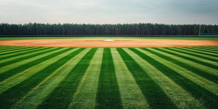 A vibrant baseball field featuring meticulously striped grass and a backdrop of dense trees under a cloudy sky. - Powered by Adobe