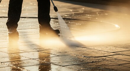 Closeup of a person pressure washing a tiled outdoor floor, creating a mist of water and highlighting the cleaning process