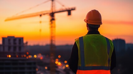 A construction worker in a safety vest and helmet observes a sunset, with a crane in the background.