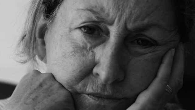 Close-up portrait of elderly woman resting her head on hand with bewildered and puzzled expression, reacting to something strange and unexpected, in black and white
