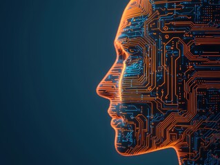 A digital representation of a human profile filled with intricate circuit patterns, symbolizing the fusion of technology and humanity.