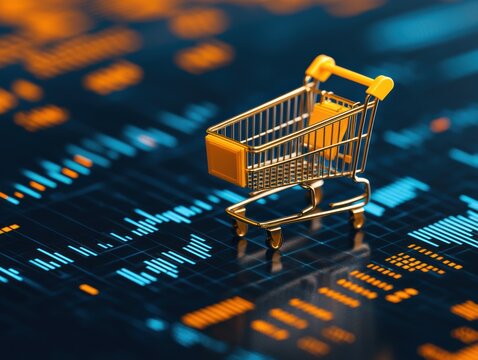 A digital shopping cart against a vibrant background of data analytics, symbolizing e-commerce and online shopping trends.