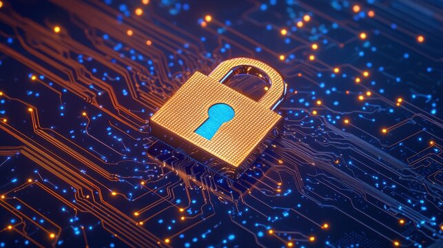 A digital padlock is centered on a circuit board background, symbolizing cybersecurity and data protection in a tech environment.