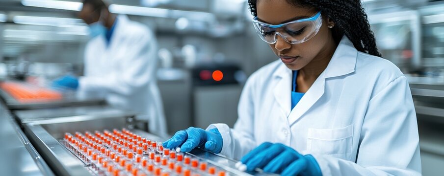 A focused scientist in a lab coat analyzes vials on a workstation, showcasing precision and professionalism in a laboratory environment.